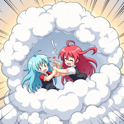 An anime-style comic depicting girls playfully wrestling with each other inside a big ball comical fight cloud.
each girl has different  colored hair.
their faces,hands,and feet are visible emerging from the cloud as they tussle humorously,  with the rest ...