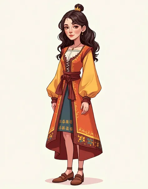 character illustration, 1girl, 2D flat illustration, cartoon, proportional human body, symmetry, stylized character, western anime, posing, standing, looking at viewer, full body shot:1.5, medieval vibrant clothes, smooth sketch lines