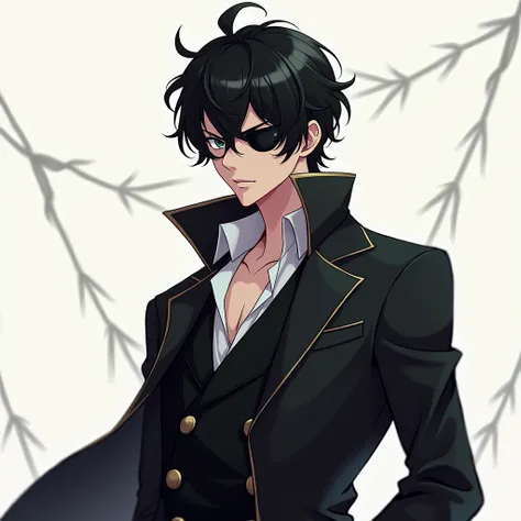 Anime, solo, male, black hair, eye patch, stylish clothes