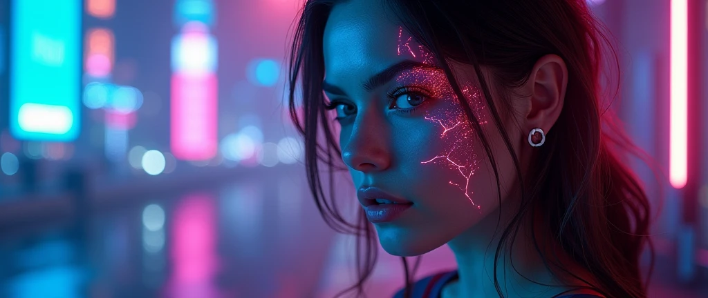 a beautiful russian girl on the right side of the picture, cleavage, cyberpunk city background, half of her face shows glowing wires like a terminator, (best quality,4k,8k,highres,masterpiece:1.2),ultra-detailed,(realistic,photorealistic,photo-realistic:1....