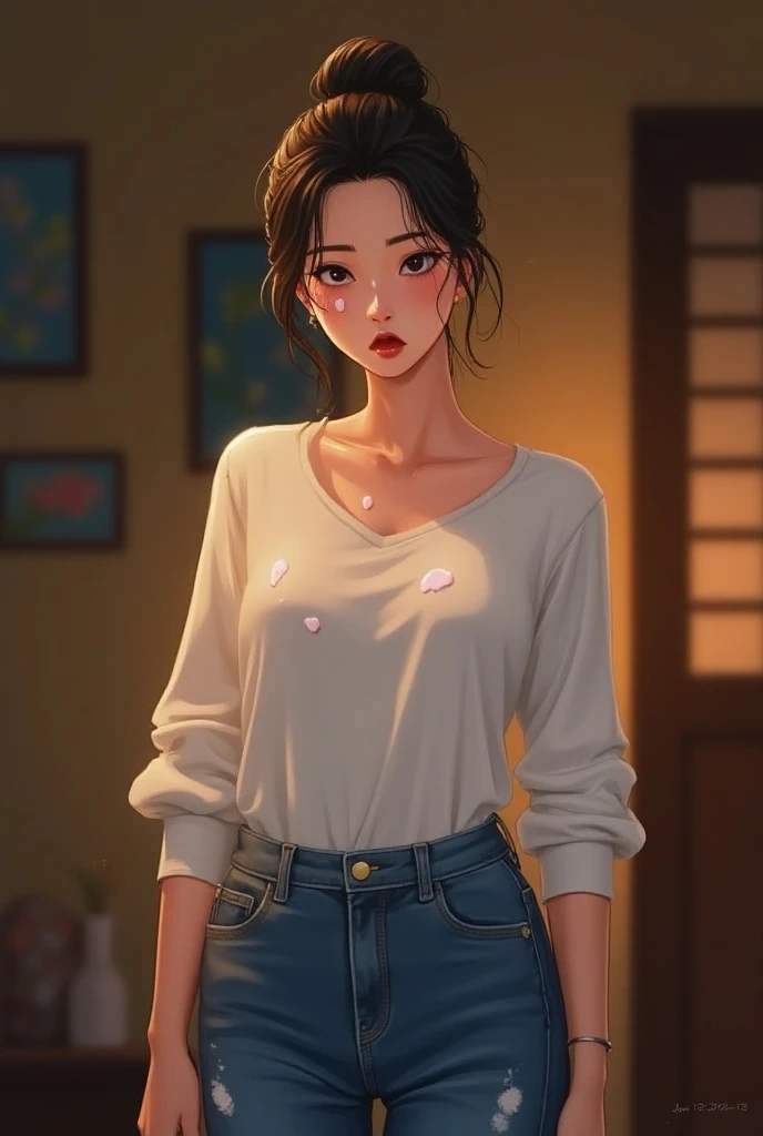 "Create a digital illustration of an Asian woman standing indoors, wearing a simple, elegant white long-sleeve top and blue jeans. Her hair is tied up in a bun, and she has a mildly frustrated or annoyed expression on her face. There is a playful splash of...