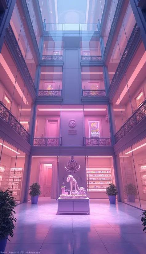  Create a harmonious pink and white adult goods store building,  Store Name Sweet Redemption , 3rd floor, (Only the first floor is made of glass, and you can see an open space .), ( The 2nd floor has a purple and pink display stand in harmony .), (3rd floo...