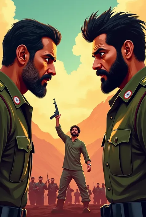 Middle age indian army man in face  with black hair and short beard wore military dress facing off a wounded man with long black hair and beard wore green kurta as main character, 
Soldiers fighting heavy war , man in green kurta rising up a AK 47 gun with...