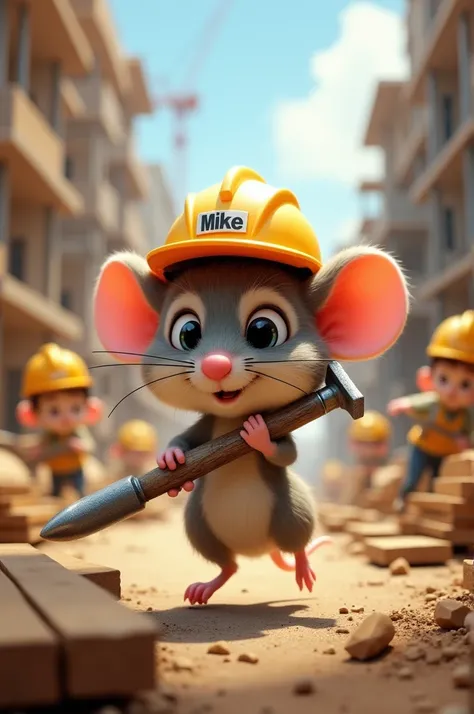 A mouse that runs away on a construction site with a Würth bit holder and is wearing a helmet with Mike on it 