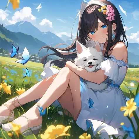 ((nsfw)), (whole body from head to toe),(Full Body Shot),(full legs), (masterpiece,best quality, absurdres, highres),ultra detailed, high dynamic range, Depth of Field, Solo, a girl. She is sitting buried in a meadow of colorful flowers. Blue eyes. White s...