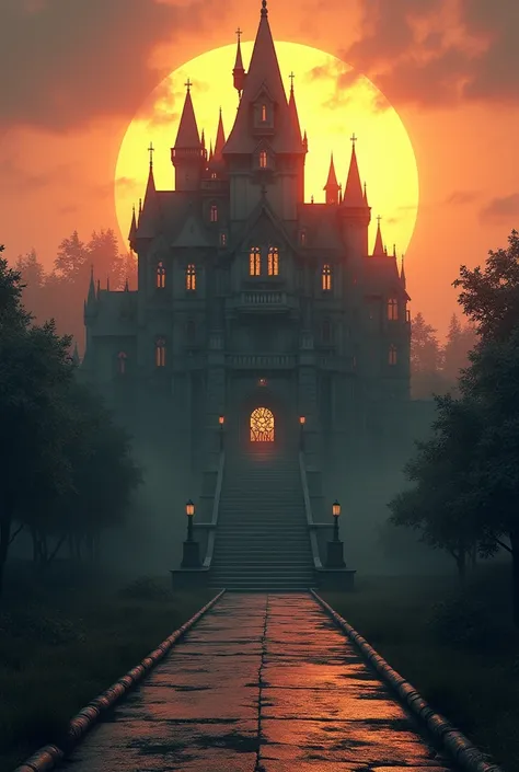 (high quality) (photorealism) A huge, old, creepy and majestic castle (Hotel Transylvania) trees surrounding the place, the sunset illuminating the place,huge majestic door and windows, a long fleet of stairs leading up to the main door, huge open space, h...