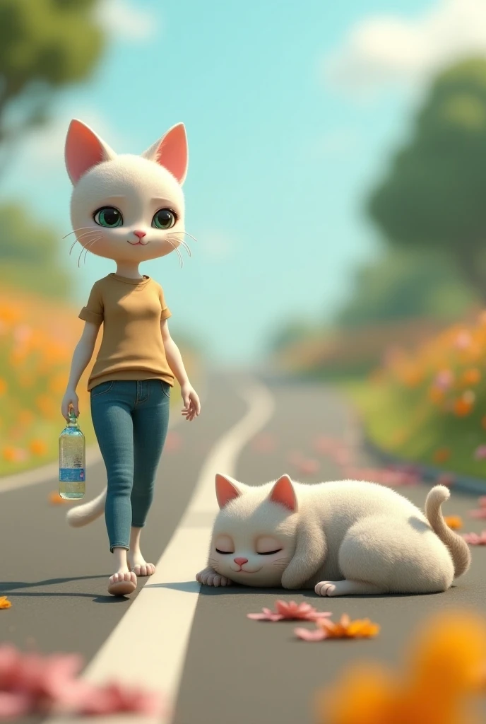 3d cartoon "a white lady woman cat who wears jeans shirt was walking on road holding water bottle was walking so far and a fat giant male man cat was weeping on road by laying on it and flowers were spread on road "