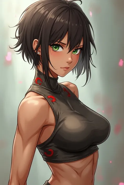 create an image of a young woman, healed and bulky body ,  dark brown short hair,  green-eyed, white skin and wearing a fight outfit, anime art style