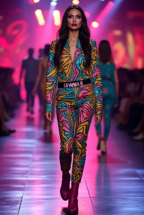  Model parading with a set of vibrant and psychedelic clothes,  with geometric prints and contrasting colors .  The runway is illuminated with neon lights and the makeup is bold , with colorful shadows and eye twinkle 