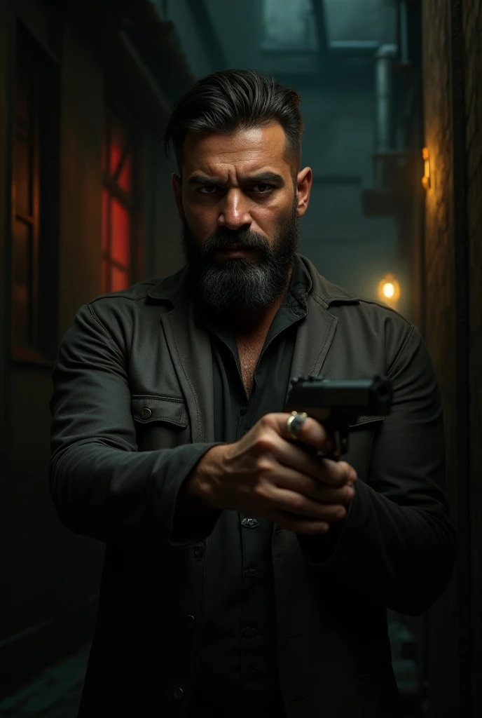 "A gritty portrait of an Indian gangster with a tough, intense expression, holding a handgun confidently. He is dressed in a traditional kurta with a modern twist, or a leather jacket, with a few rings on his fingers and a slight stubble on his face, addin...