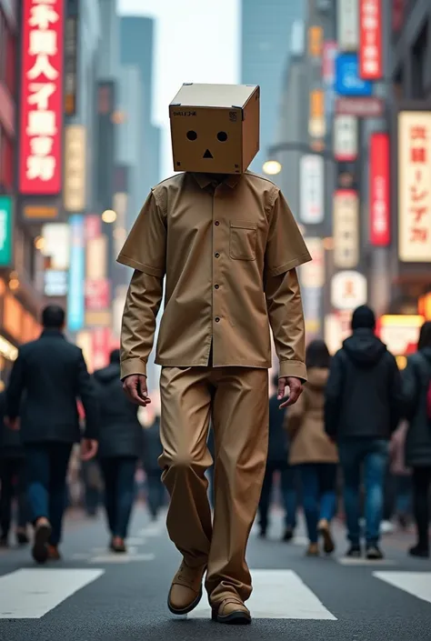  Someone uses a shirt from brown cardboard ,  pants from brown cardboard and a mask from brown cardboard. He walks in a crowd of tokyo street 