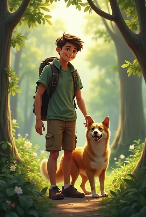 A young man with dog and with nature