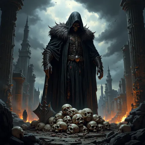 A dark fantasy scene in a ruined, desolate cityscape. A portrait of a towering, ominous executioner stands in the center, cloaked in a hooded black robe that flows to the ground, with fur-lined shoulders adding an imposing detail. His face is hidden behind...