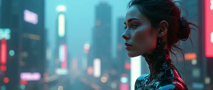 translucent russian girl on the right side of the picture, cleavage, cyberpunk city background, half of her face shows glowing wires like a terminator, (best quality,4k,8k,highres,masterpiece:1.2),ultra-detailed,(realistic,photorealistic,photo-realistic:1....