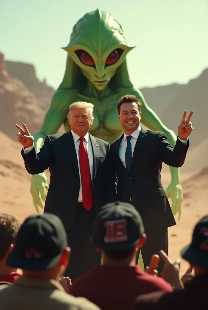 trump and elon musk victory photo on stage, tall green female alien opponent behind them, trump making victory sign, musk smiling beside him, clear faces important, human and alien supporters cheering, maga hat wearing aliens, simple mars landscape backgro...