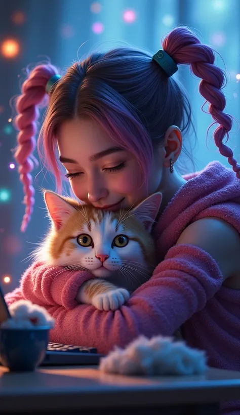 League of Legends Jinx、Hug a cat、solo play 、 braided pigtails、 glitter effect,  blurred background,   surrealism, Reality, 