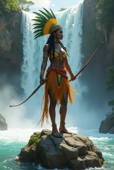 Black woman wearing indigenous clothing wearing green and yellow plume sitting on waterfall rock,  Holding a bow and arrow