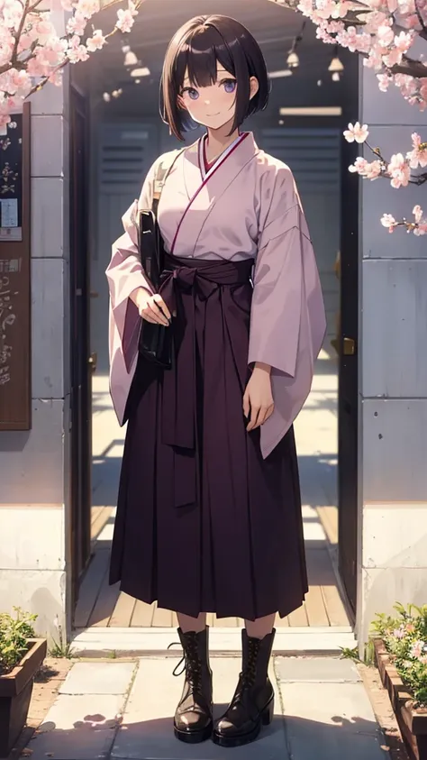 sfw,最高masterpiece,Best Quality,  OFFICIAL ART, Advertising Photos,masterpiece,(1 person:2.0),  Neutral Male ,Dress neatly,(7 heads), Black Hair ,( short bob cut hair),Cherry blossom pattern furuncle ,(Purple Hakama), beautiful gradation hakama,Maxi length ...