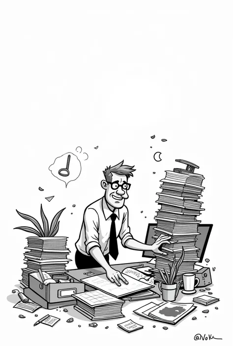  An employee with his desk full of objects . He tries to find a pen ,  but has to remove piles of paper to find it. In black and white color drawing type the drawing has to be fun and relaxed 
