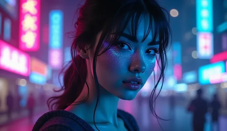 a beautiful russian girl on the right side of the picture, cleavage, cyberpunk city background, half of her face shows glowing wires like a terminator, (best quality,4k,8k,highres,masterpiece:1.2),ultra-detailed,(realistic,photorealistic,photo-realistic:1....