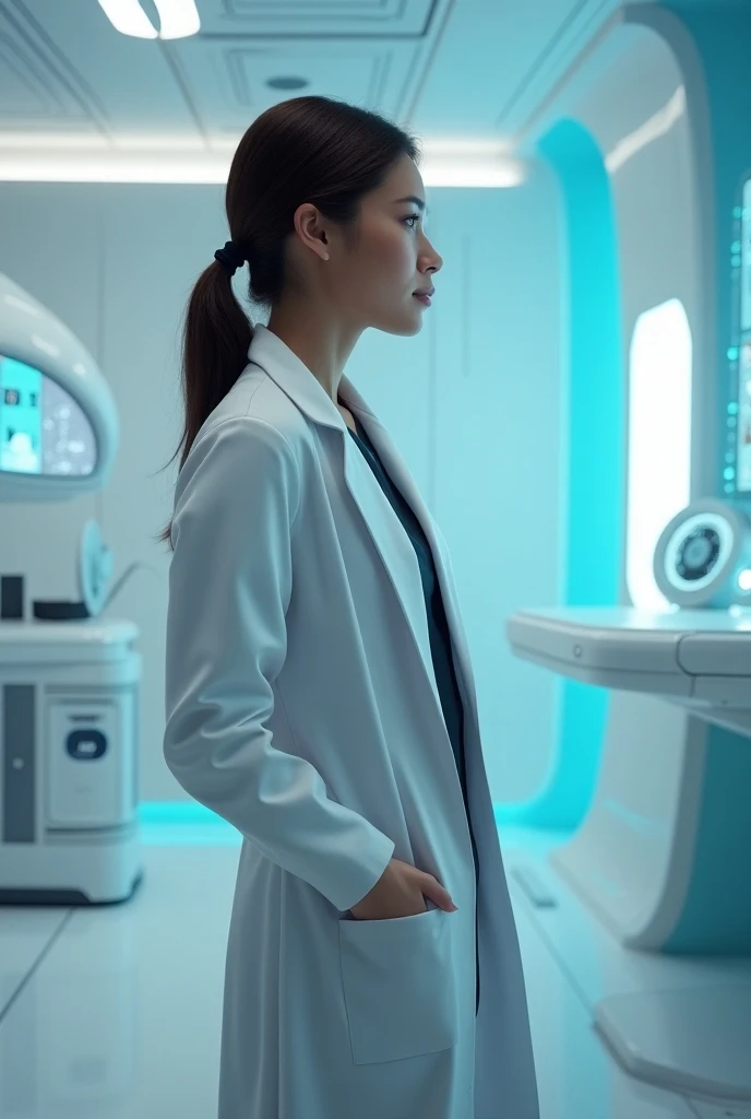 29-year-old woman in casual clothes in a futuristic doctors office (right profile)