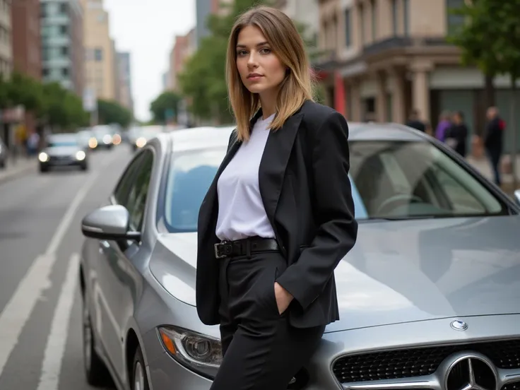 une femme fashion dans la rue portrait accoté dune  voiture
