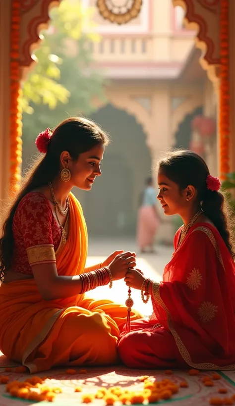 A young woman in traditional Rajasthani attire, tying a protective thread (rakhi) on her brother’s wrist. Her expression is protective and loving, while the brother looks grateful. They are seated in a courtyard decorated for a festival, with marigold garl...