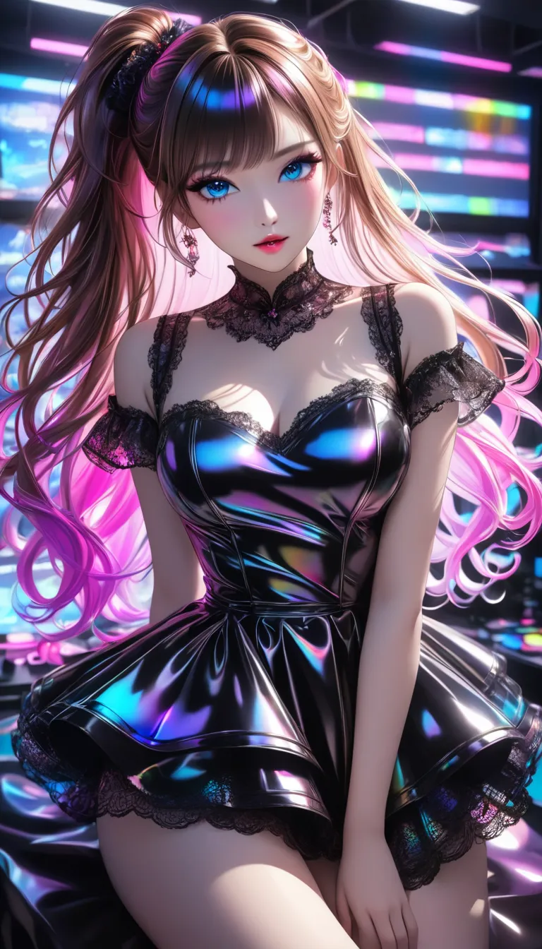 cute and cool beauty virtual idol, iridescent shiny silky disheveled ponytail, make up, amorous and lewd expression, captivating...