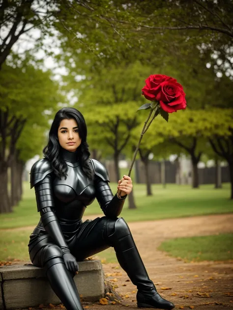 Knight in black armor sits under a tree in cloudy weather and holds a red rose