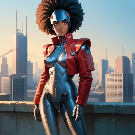 1girl, city,  construction , cyberpunk, skyscraper,  science fiction , cyborg, Alone,  long black hair, shiny punk hair , breasts,  cityscape, crane \(machine\), toys, realistic, ,  dark-skinned woman, blue eyes, standing, Red jacket, A young girl, afro americano, comics style student, iron man costume, cyber armor, cyber helmet, visor