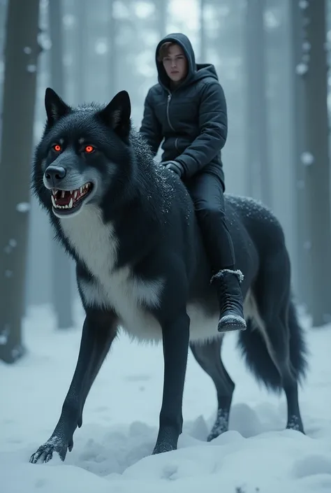 A teenager riding a dark black top and snow white under colored muscular and big and tall wolf with red eyes 
