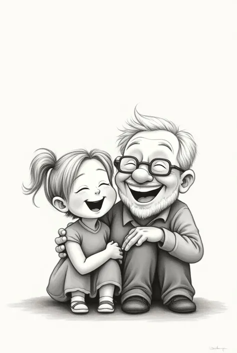  Freehand drawing of a  blonde girl with two pigtails, Sitting with her young grandfather with glasses, both laughing a lot 