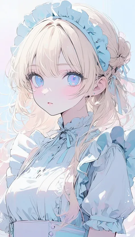 Girl, light blonde hair, blue eyes, beautiful, maid, pastel colors