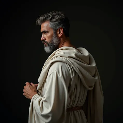 image of a Greek Stoic philosopher from behind, dressed in ancient white linen. He has short wavy hair, a well-groomed beard, and striking facial features with a dark background