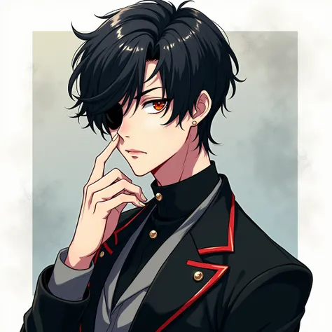 Anime, solo, male, black hair, eye patch, stylish clothes