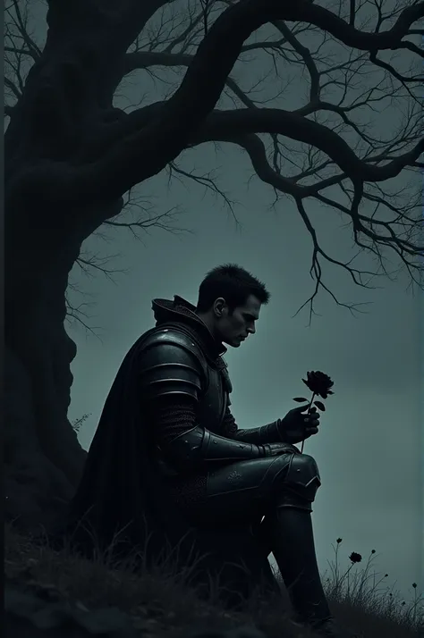 The knight in black harness , sits under a tree in the dark of night and holds a black rose