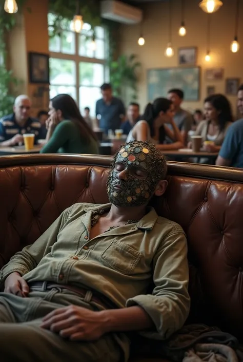 Man wearing mask from rubbish bin is taking a nap in cafe and full of visitors