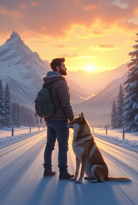 A young man with  short beard  with dog and with nature and sun rises and snow in highway road