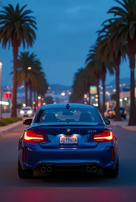 Blue car, BMW M240i, in the street, midnight, parked under palm trees along malibu beach, city lights, 3/4 rear point of view