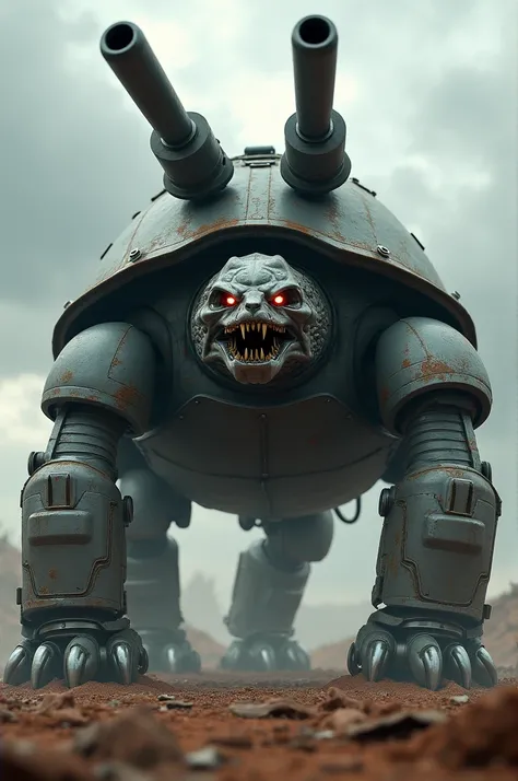 "Create a detailed image of a massive, robotic turtle-like creature in a post-apocalyptic landscape. The creature should have a heavily armored shell, resembling a tank, with two large cannons mounted on its back. Its face should look fierce and menacing, ...