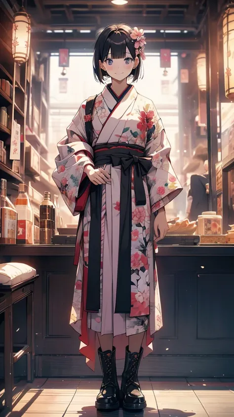 sfw,最高masterpiece,Best Quality,  OFFICIAL ART, Advertising Photos,masterpiece,(1 person:2.0),  Neutral Male ,Dress neatly,(7 heads), Black Hair ,( short bob cut hair),Cherry blossom pattern furuncle ,(Purple Hakama, beautiful gradation hakama),Maxi length ...