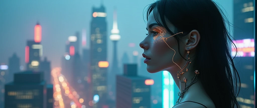 translucent russian girl on the right side of the picture, cleavage, cyberpunk city background, half of her face shows glowing wires like a terminator, (best quality,4k,8k,highres,masterpiece:1.2),ultra-detailed,(realistic,photorealistic,photo-realistic:1....