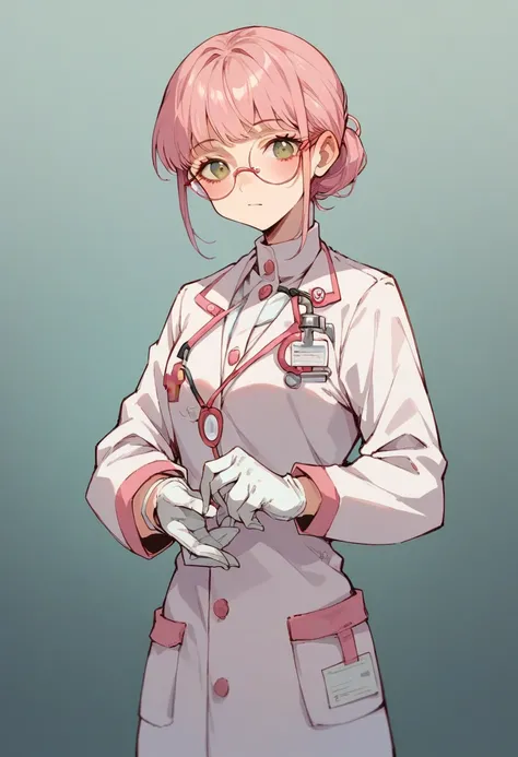 1girl, bangs, round glasses, ((white medical gloves)), ((((long sleeves)))), looking at viewer, ((pink doctor outfit)), standing, solo