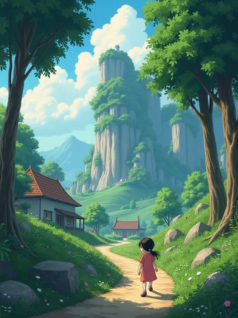 A girl walks down this path 、Keep the background、 maintains the realism of the background、Ghibli style