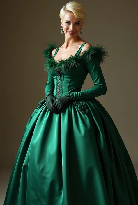 Fullbody photography,  whole body,stylish 30yo blonde pixiecut hair Gibson Girl wearing her green shiny latex bridal gown. Southern Belle gown with wide hoop skirt, Year 1906. Edwardian high-neck long sleeve dress.  ribbons and feathers. Gloves in both han...