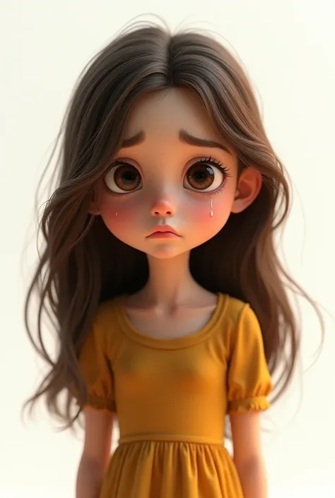   girl brown hair, brown eyes, Mustard dress ,  who is sad , cry, white background, How Pixar  