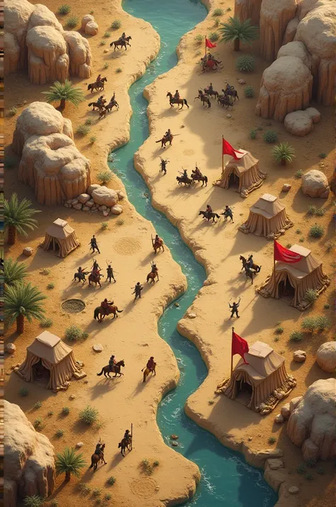 Horsemen

ry

Archers

Flag Bearer

Objective: Design a battle encampment map showing the layout of two opposing armies in ancient Arabia, one of them representing a Muslim army. This map will include encampment units, natural features, and will be designe...