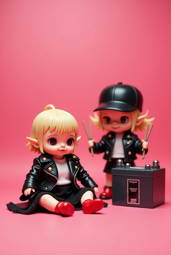  The image shows a scene with a pink background where there are two miniature babies.  One of them is sitting on the floor with his legs folded ,  wearing a black leather jacket with studs , uma white shirt curta,  a black skirt and shoes with red socks . ...