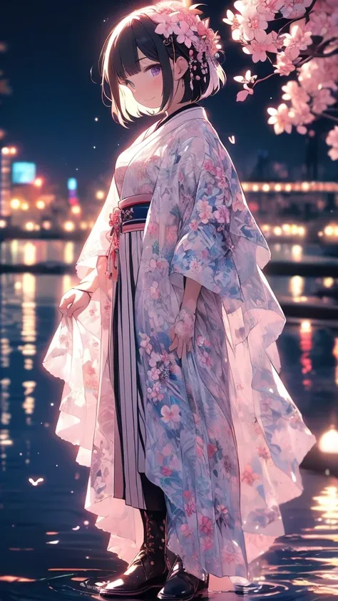 sfw,最高masterpiece,Best Quality,  OFFICIAL ART, Advertising Photos,masterpiece,(1 person:2.0),  Neutral Male ,Dress neatly,(7 heads), Black Hair ,( short bob cut hair),(Cherry blossom pattern furuncle ),(Purple Hakama, beautiful gradation hakama),Maxi lengt...