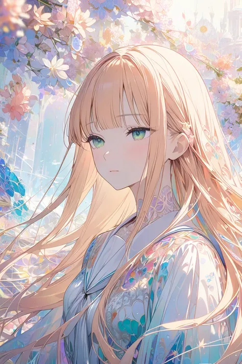 (masterpiece, top quality, very aesthetic, 4k、illustration), (ephemeral girl),(upper body),(Hair fluttering in the wind)、half closed eyes、(Pastel colors)、(in a ephemeral and beautiful　world),(in a bright and colorful world),(long hair),intricate detail, 1w...